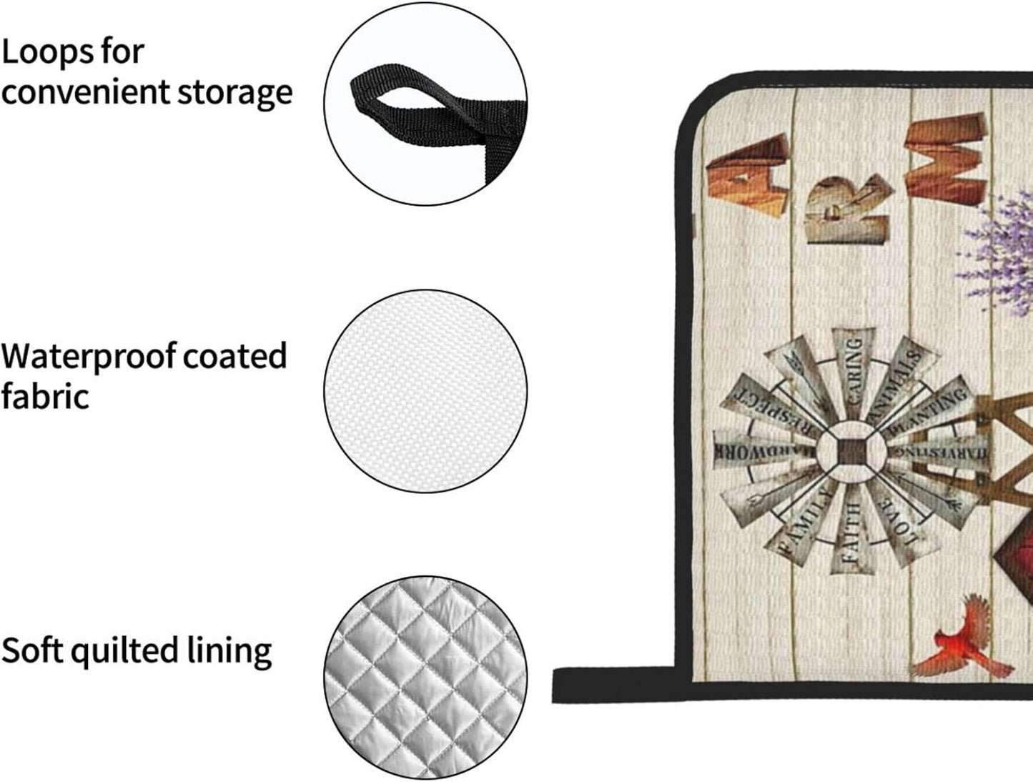 Oven Mitts and Pot Holders Sets of 4,Farmhouse Windmill and Barn House Lavender Cardinal Bird Country Style,Oven Mitts Heat Resistant Oven Gloves Set Potholders for Kitchen Baking Grilling