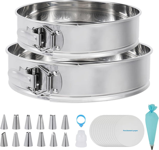 Aufind Springform Pan Set for Baking (9,10inches), 304 Stainless Steel Springform Cake Pan with Removable Bottom, Cheesecake Pan with 50PCS Parchment Paper for Pie Cake Pizza and Quiches