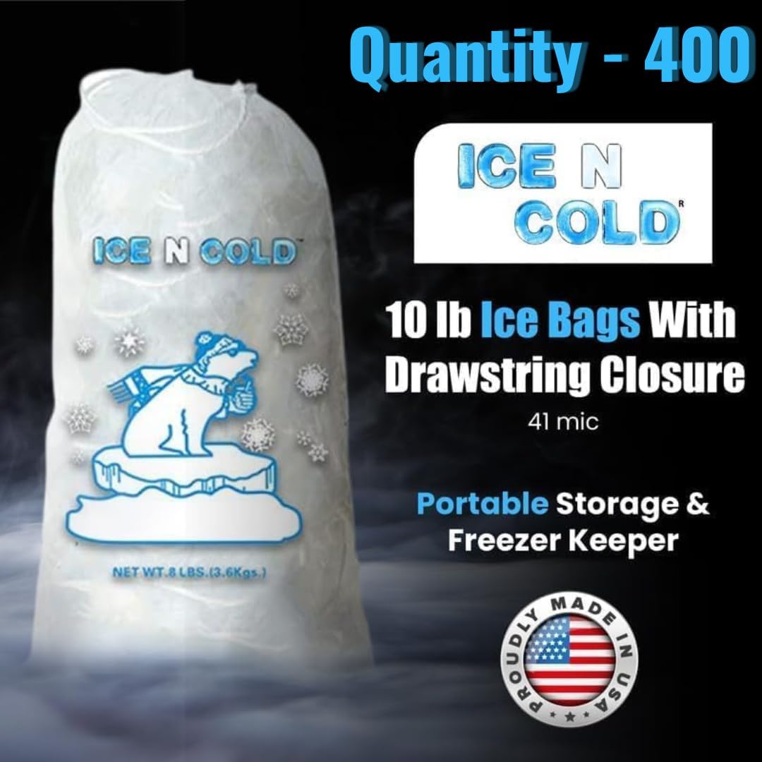 Ice Bags with Drawstring Closure | 10lb, 400ct/cs | 41 mic Thickness | Portable Storage and Freezer Keeper