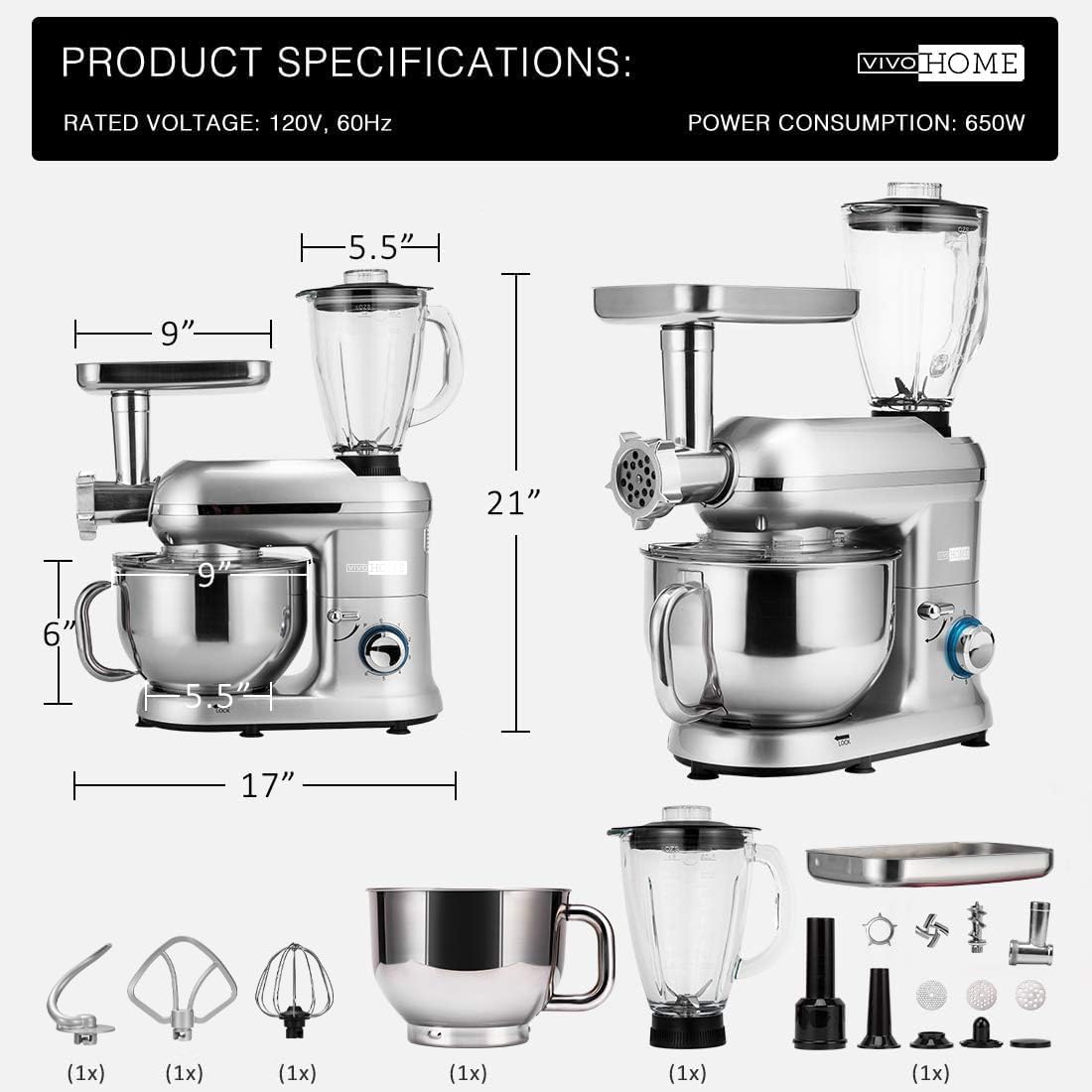 VIVOHOME 3 in 1 Multifunctional Stand Mixer with 6 Quart Stainless Steel Bowl, 650W 6 Speed Tilt-Head Meat Grinder, Juice Blender, Silver