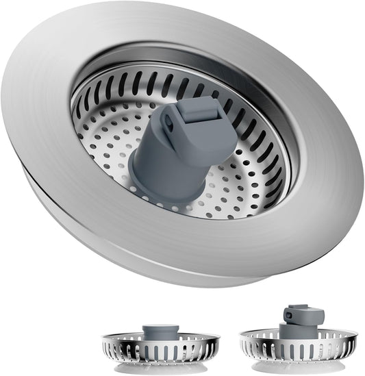Hibbent 3 in 1 Kitchen Sink Drain Strainer, Stainless Steel Wrapped Shell Drain Stopper Combo, Pop Up Sink Stopper, 3 Anti-Clogging Metal Basket Strainer with Handle for US Standard 3-1/2" Drain
