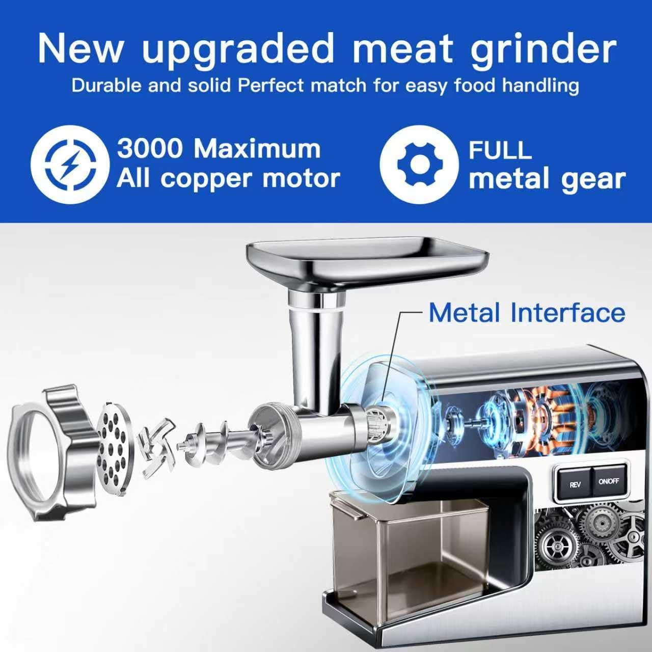 Electric Meat Grinder,3000 Max Stainless Steel Meat Mincer with 2 Blades,3 Grinding Plates,Food Pusher,Meat Claw,Sausage Stuffer Tubes & Kubbe Kit for Home & Kitchen Using