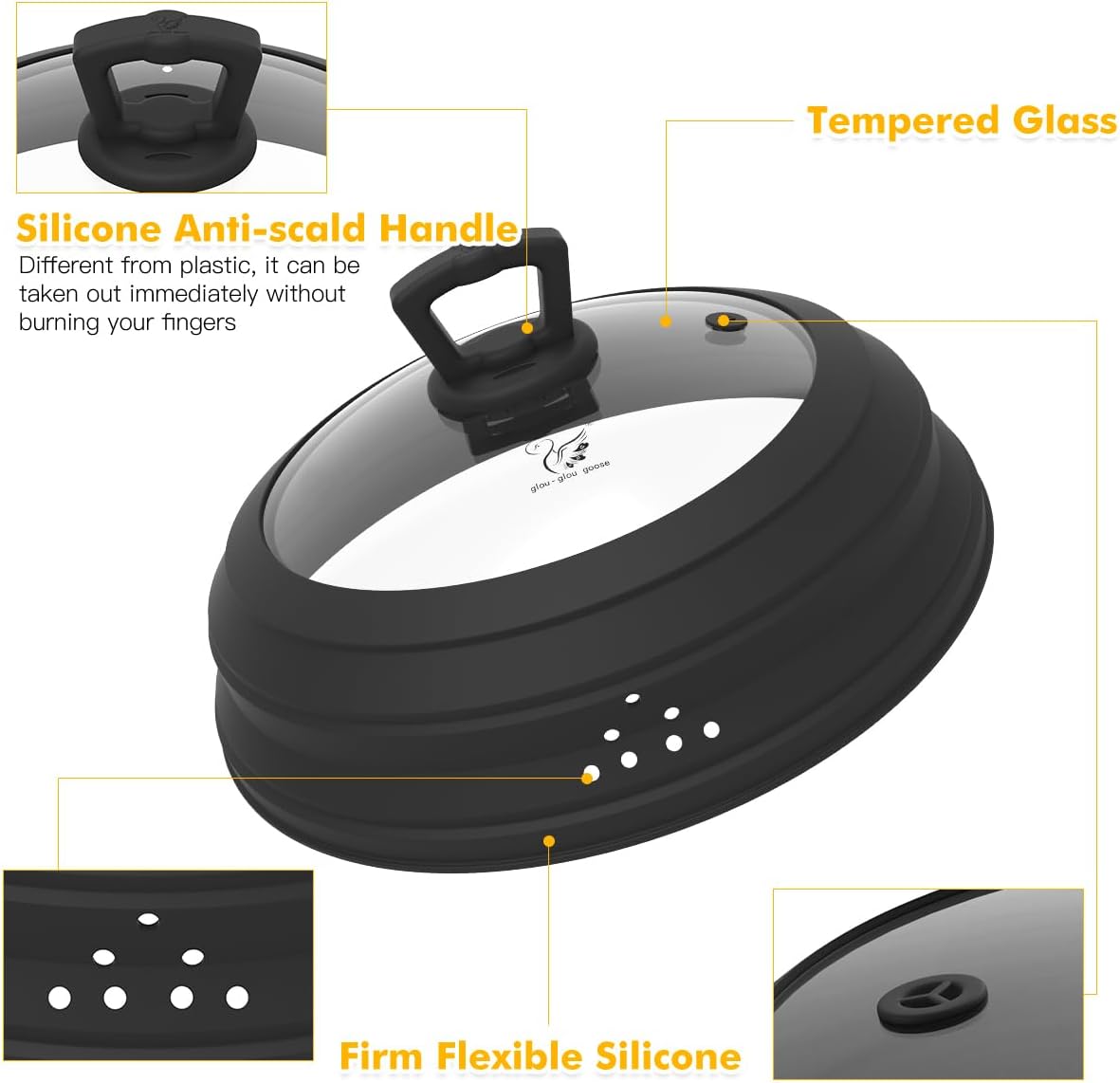 Microwave Splatter Cover Vented Glass Splatter Guard Lid with Collapsible Silicone for Food as Pot Cover Plate 10.8 inch for 6 7 8 9 10 inch Plate Bowl