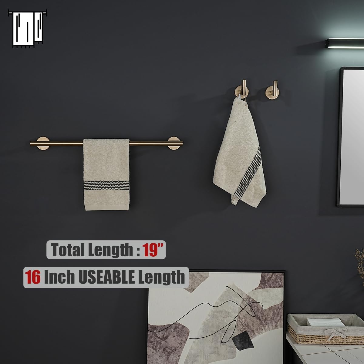 JQK Champagne Bronze Towel Bar, 19 Inch 304 Stainless Steel Thicken 0.8mm Towel Rack Bathroom, Towel Holder Wall Mount, Useable Length 16 Inch, TB110L16-CB