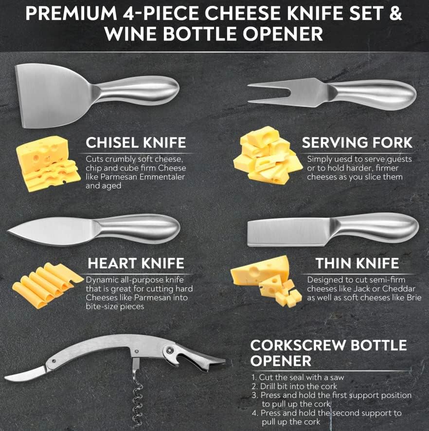 Handcrafted Italian Olive Wood Cheese & Charcuterie Board Set with Unique White Pearl Resin Artwork - Cutting Board Comes with 4 Cheese Knives, 2 Dipping Bowls & Corkscrew Wine Opener (White Pearl)