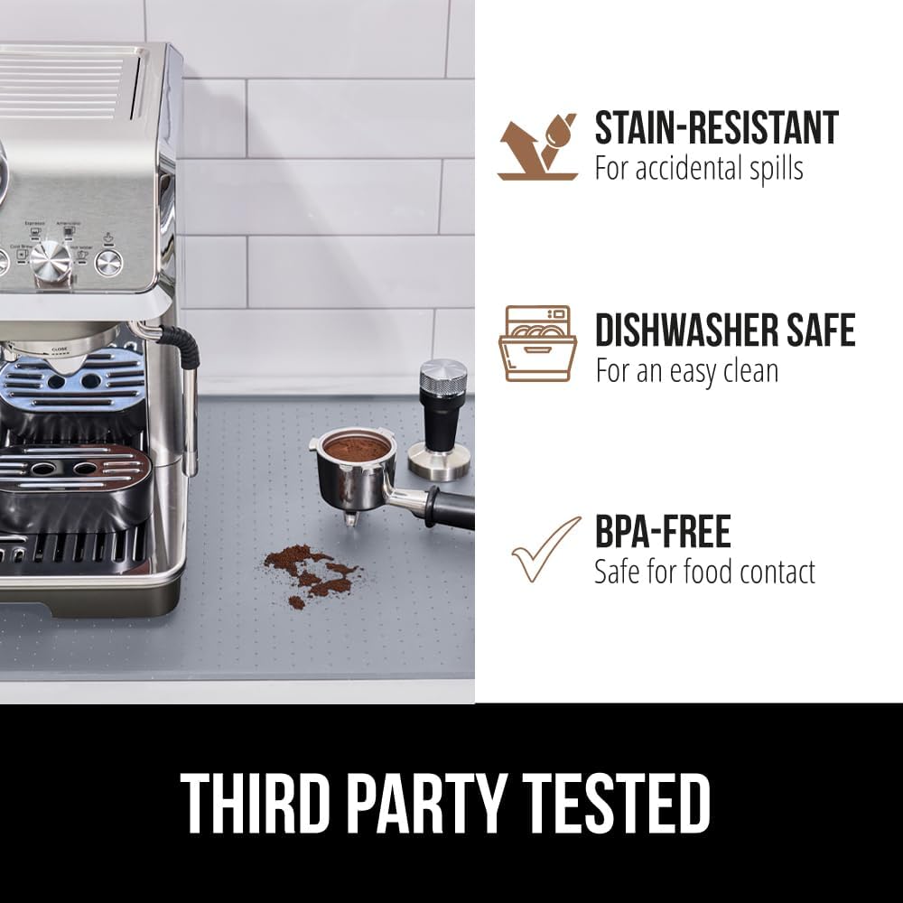 GORILLA GRIP Silicone Coffee Mat, 15x23, Espresso Drink Bar Station Accessories, Use Under Machine, Waterproof Heat Resistant Multi-Use Dish Drying Mats, Stays in Place, Kitchen Home Decor, Gray