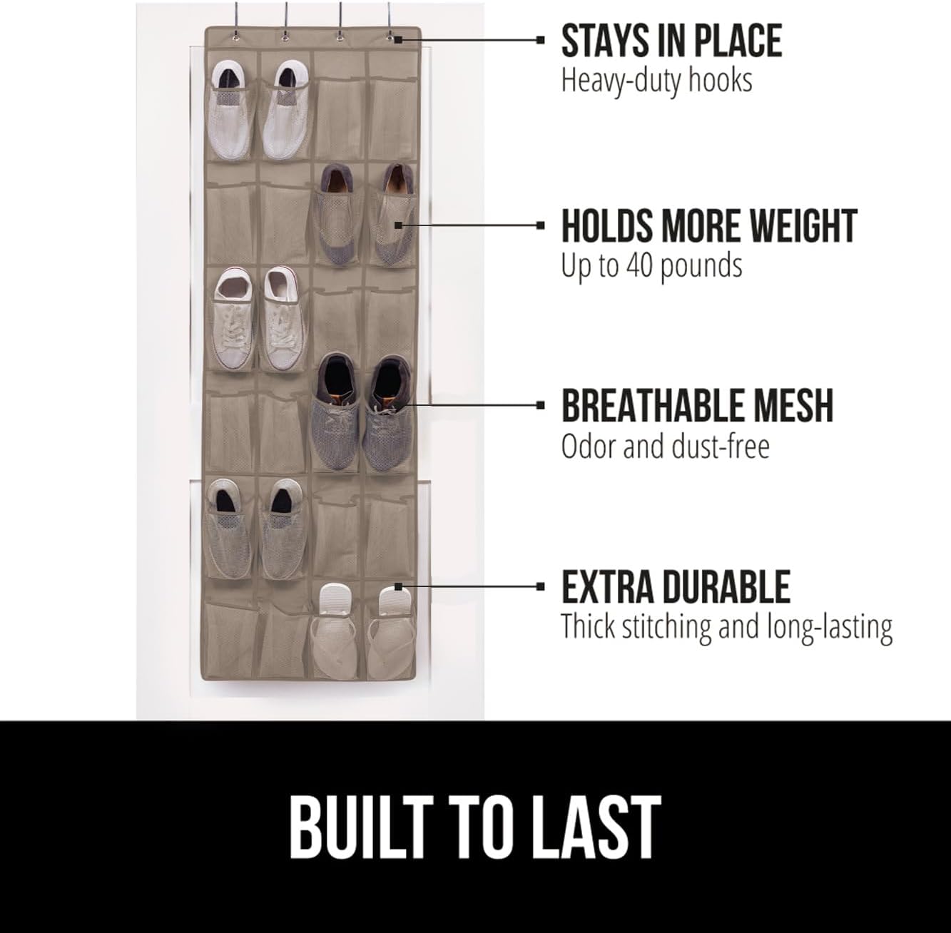 GORILLA GRIP Over the Door Shoe Organizer, 24 Large Breathable Mesh Pockets, Space Saving Hanging Storage Holder, Closet Rack Hanger Holds Up to 40 lbs, Hangs on Closets for Shoes, Accessories, Beige