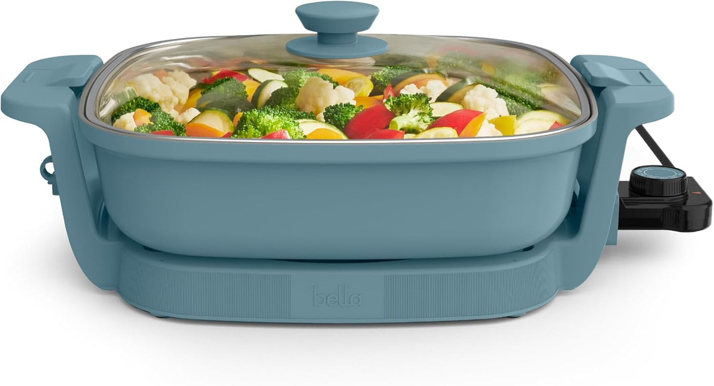 bella Make & Take Electric Skillet, Fits-anywhere™ kitchenware, EverGood™ Ceramic Coating, Adjustable Temperature & Dishwasher-Safe Tempered Glass Lid, Cast Aluminum Base, 1200 Watt, Surf
