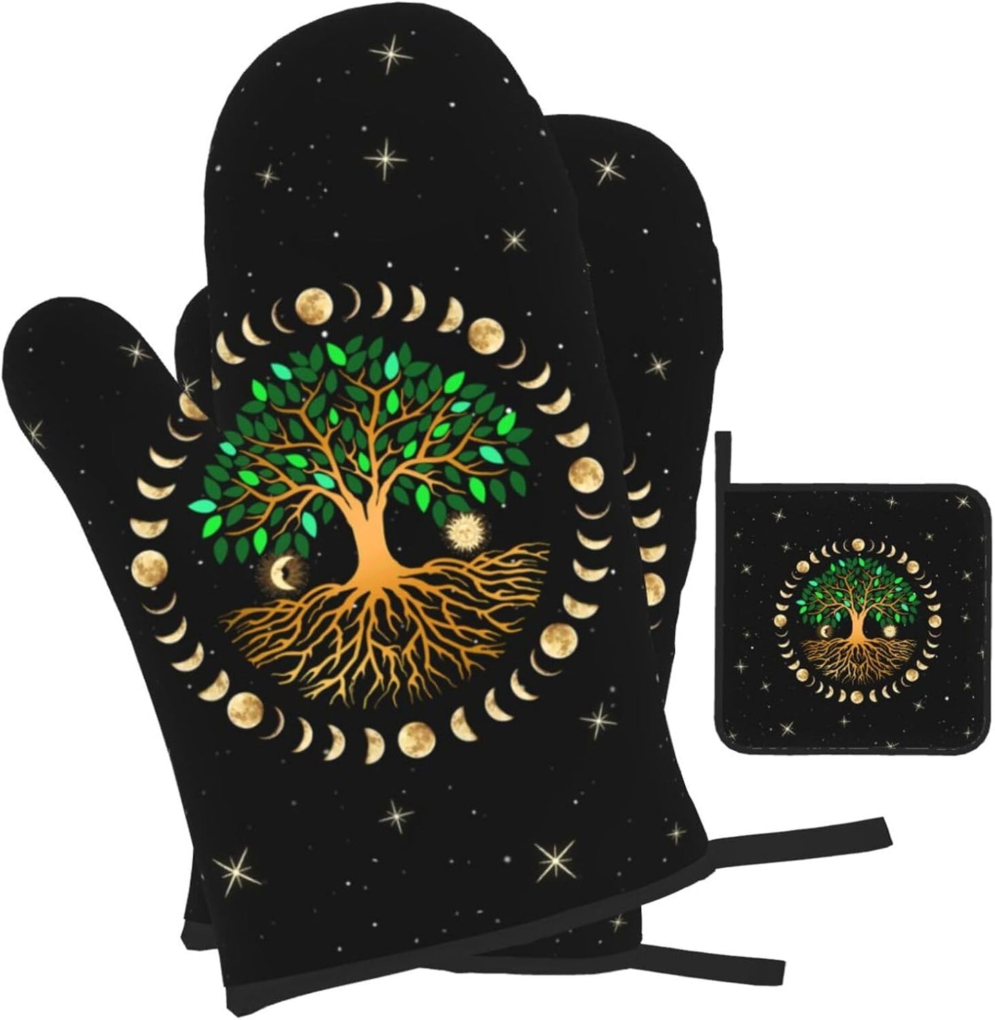 Black Oven Mitts and Pot Holders Sets of 3 Heat Resistant Hot Pads Ancient Life Tree Decorative Oven Gloves for Cooking Grilling Baking Kitchen Moon Luna Hippy Decor