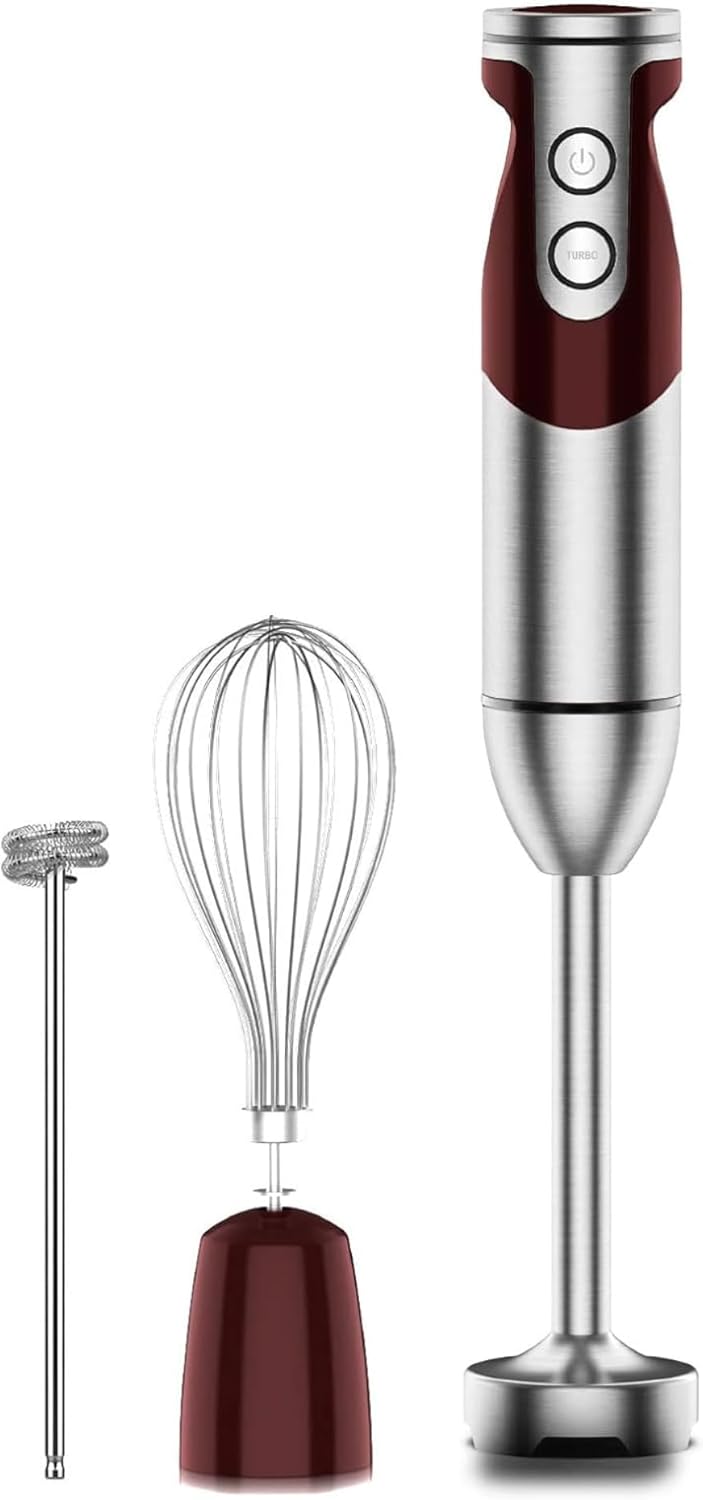Megawise 3-in-1 Hand Blender – 12-Speed, Includes Powerful Blender Stick, Whisk, and Milk Frother – Easy to Clean and Perfect for Smoothies, and More (Red)