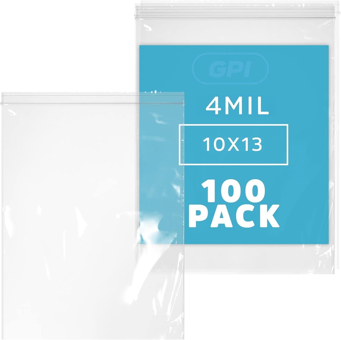 GPI - 10" x 13" - Bulk Pack of 100, 4 Mil Thick, Heavy Duty, Clear Plastic Reclosable Freezer Zip Bags, Strong & Durable Poly Baggies with Resealable Zipper Top Lock.