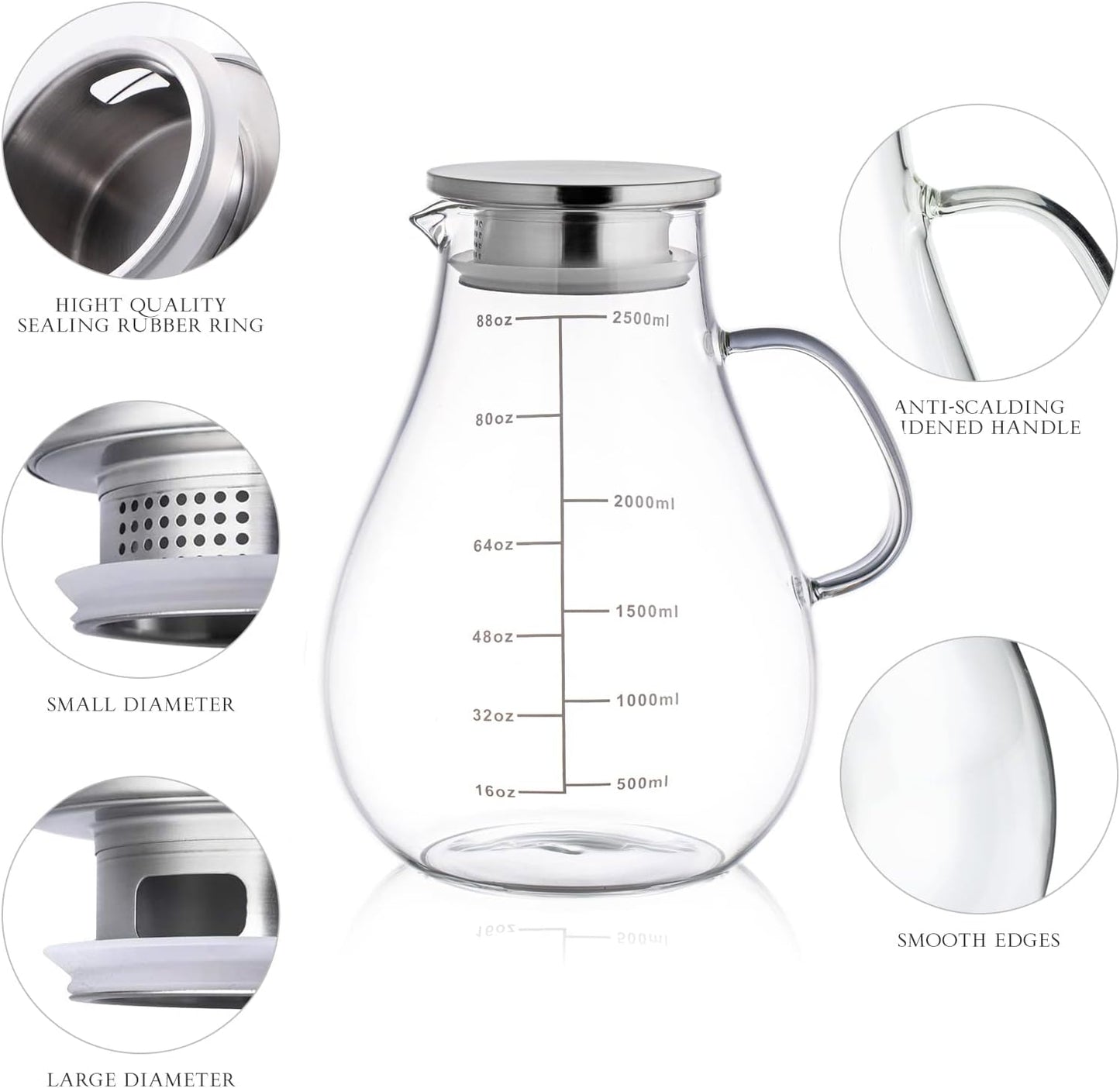 Glass Pitcher with Lid,88 Ounces -2500ml with Precise Scale Line, Hot/Cold Water Jug, Juice and Iced Tea Beverage Carafe with Lid