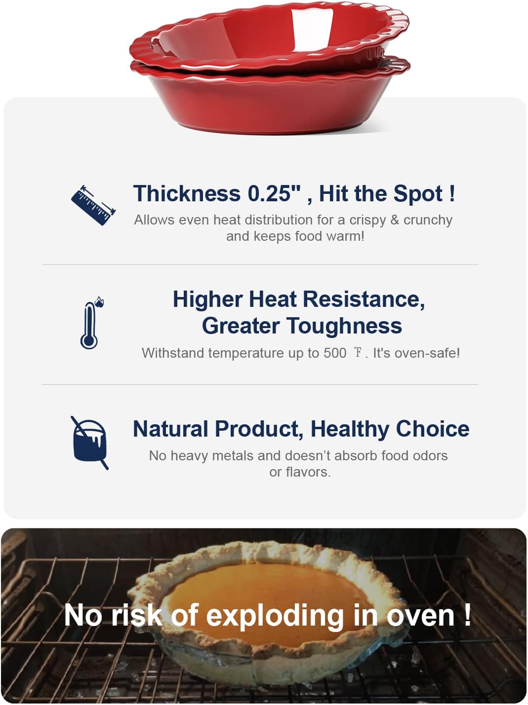 LE TAUCI Ceramic Pie Pans for Baking, 9 Inches Pie Plate for Apple Pie, Pecan Pie, 52 Ounce Deep Pie Dish, Set of 2, Red