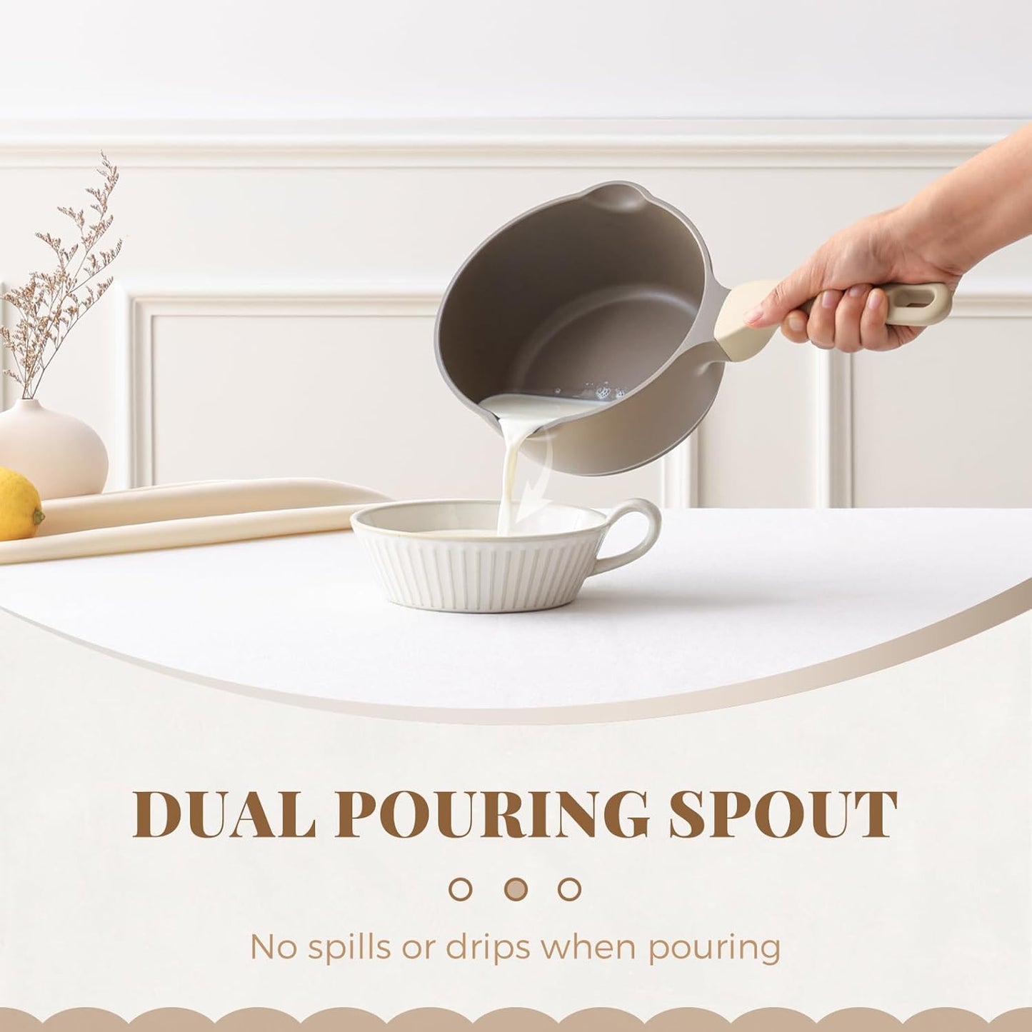 Nonstick Saucepan with Lid, 2.7 Quart Sauce Pan, Healthy Sauce Pot with Pour Spouts for Multipurpose Use, PFOA Free, Induction Compatible, Apricot