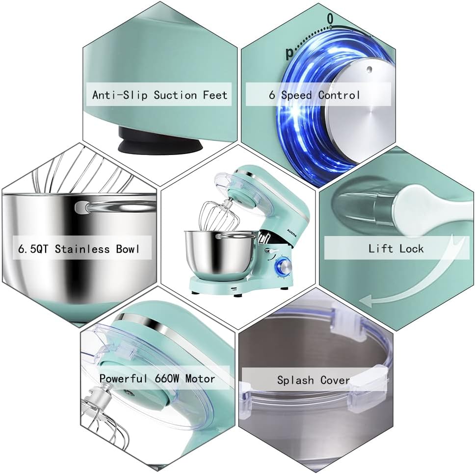 Aucma Stand Mixer,6.5-QT 660W 6-Speed Tilt-Head Food Mixer, Kitchen Electric Mixer with Dough Hook, Wire Whip & Beater (6.5QT, Blue)