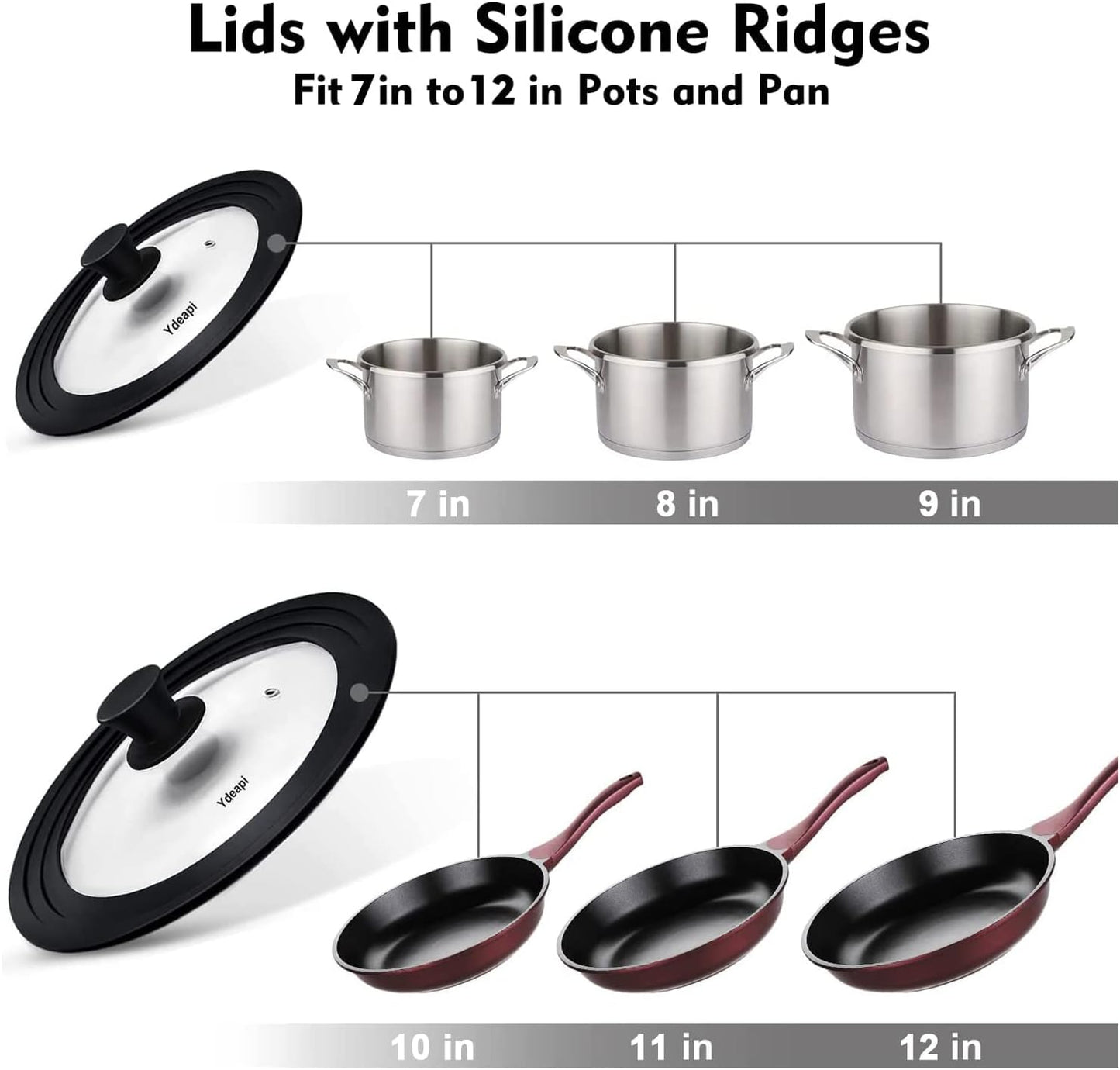 Universal Lids for Pots, Pans & Skillets - Fits 7", 8" & 9" Diameter, 10", 11" & 12" Diameter Cookware, Tempered Glass with High Heat Resistant Silicone Rim (2PK)