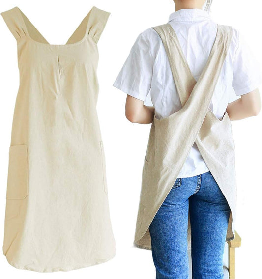 NEWGEM Japanese Linen Cross Back Cooking Aprons for Women Men with Pockets Cute for Baking Kitchen