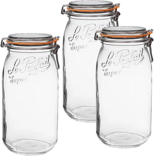 Le Parfait Super Jar - 3L French Glass Canning Jars, Wide Mouth, Airtight Lid (96oz/3 Quarts, 3 pk CP)