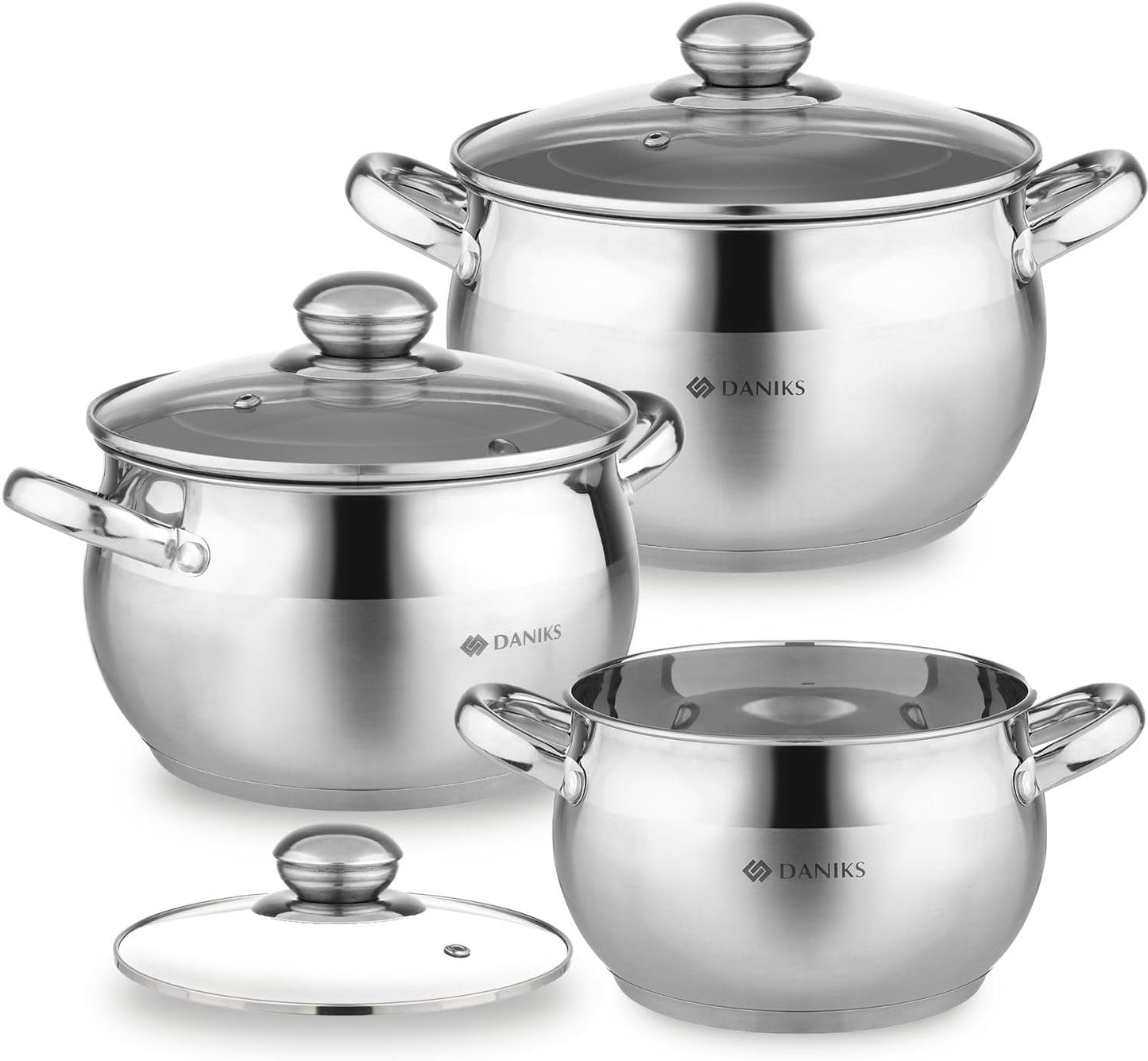 Daniks Classic 6-Piece Stainless Steel Induction Cookware Set – Dishwasher Safe Pots with Lids, Measuring Scale, Silver
