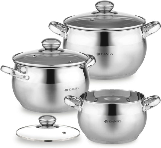 Daniks Classic 6-Piece Stainless Steel Induction Cookware Set – Dishwasher Safe Pots with Lids, Measuring Scale, Silver