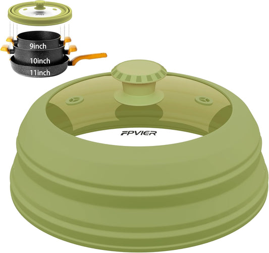 Collapsible Microwave Splatter Cover - Vented Silicone & Glass Lid with Easy-Grip Handle, Fits 6 to 11 Inch Plates & Bowls, 11.8 Inch Diameter, Prevents Splatters & Ensures Even Heating