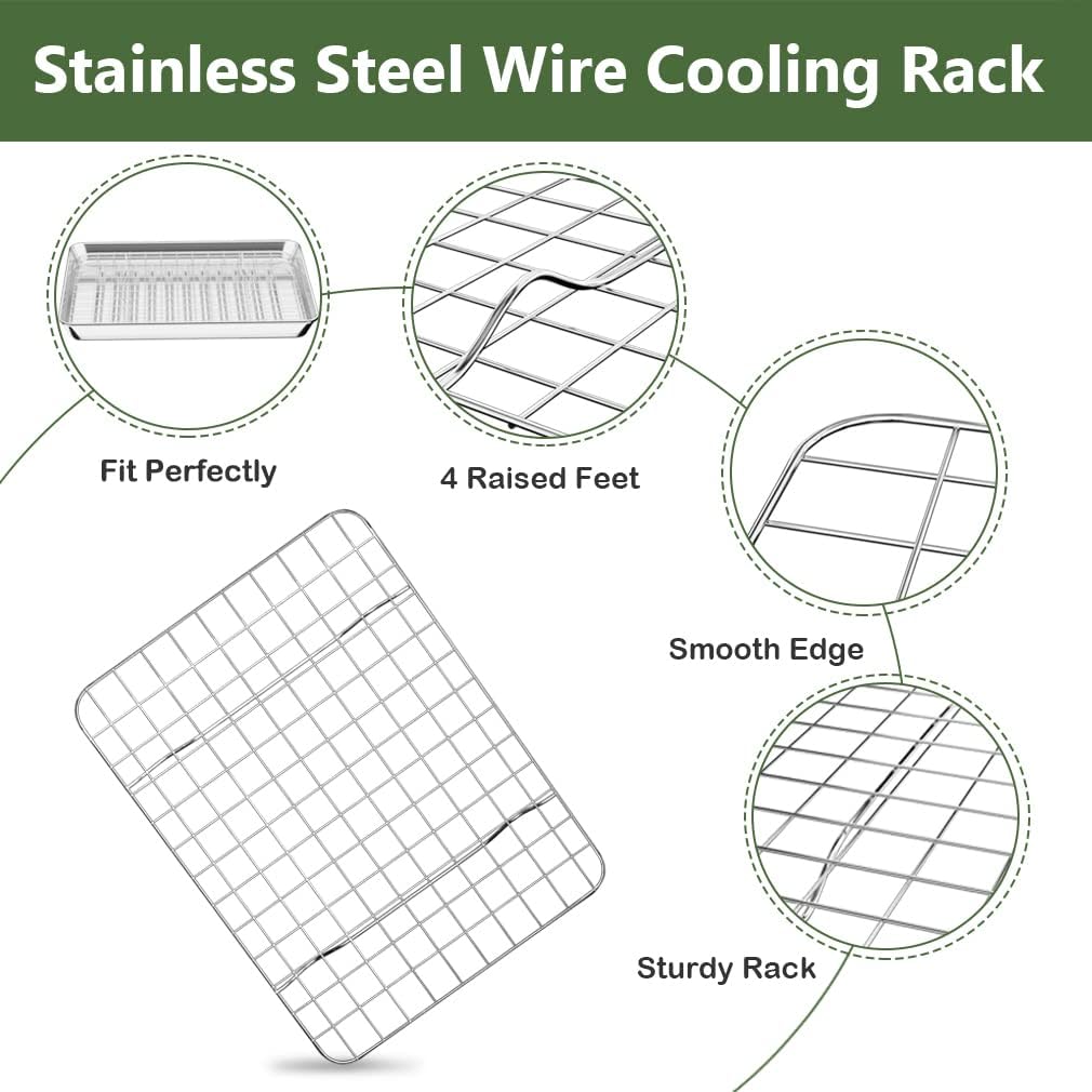 ROTTAY Small Baking Sheet Pan with Wire Rack Set [2 Pans + 2 Racks], 1/8 Stainless Steel Cookie Sheets for Oven, Warp Resistant & Heavy Duty & Rust Free, Size 9 x 7 x 1 Inches