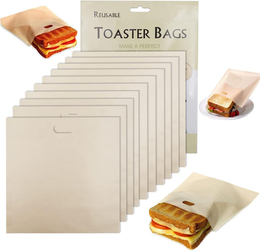 Toaster Bags Reusable for Grilled Cheese Sandwiches | Safest On The Market - 100% BPA & Gluten Free | Non Stick Toast Bag (10PCS)