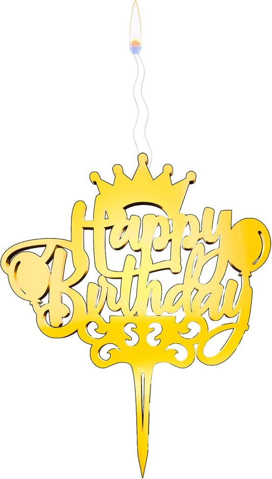 Happy Birthday Reusable Gold Cake Candle - Luxury Cake Topper Candle for Birthdays, Weddings & Anniversaries - Reusable Food Safe Acrylic, Shiny Mirror Finish - Happy Birthday Cake Topper Décor
