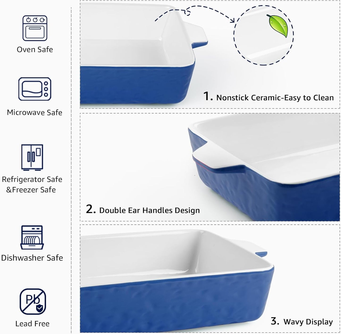 4 QT Baking Dish, Casserole Dishes for Oven, 9x13 Baking Pan with Handles, Lasagna Pan Deep, Ceramic Casserole Dish Oven Safe for Baking, Lasagna, Kitchen, Wedding Gift (Dark Blue)