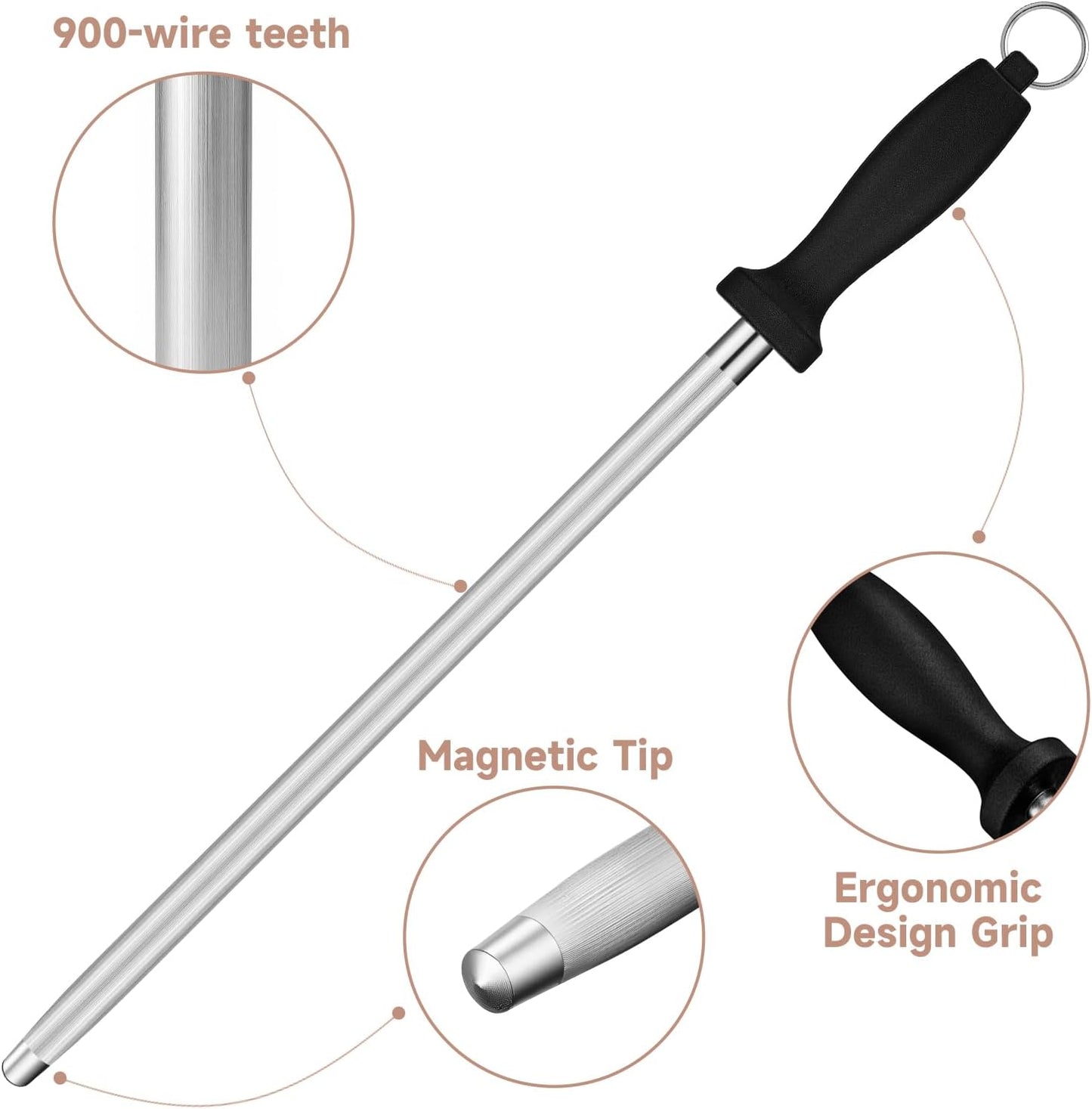 Kitchen Knife Sharpener Rod-12 Inches Professional Carbon Steel Knife Sharpening Honing Rod with Hanging Holes for Household, Chef, Hunting Sporting and Pocketknives, 17" Overall