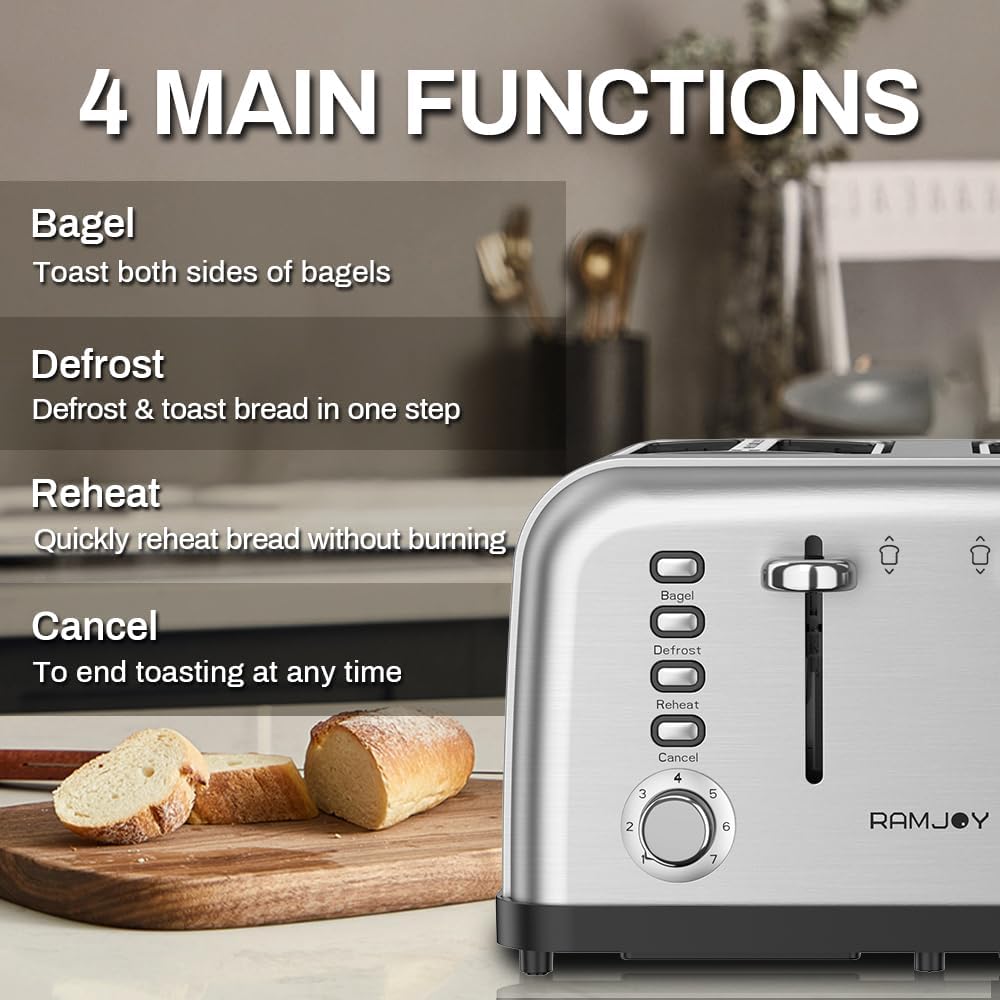 Toaster 4 Slice, Dual Independent Controls, Extra Wide Slot Toasters for Bagel, Bread, Waffles, 7 Shade Settings, 4 Main Functions, Removable Crumb Tray, 1500 Watts, Brushed Stainless Steel