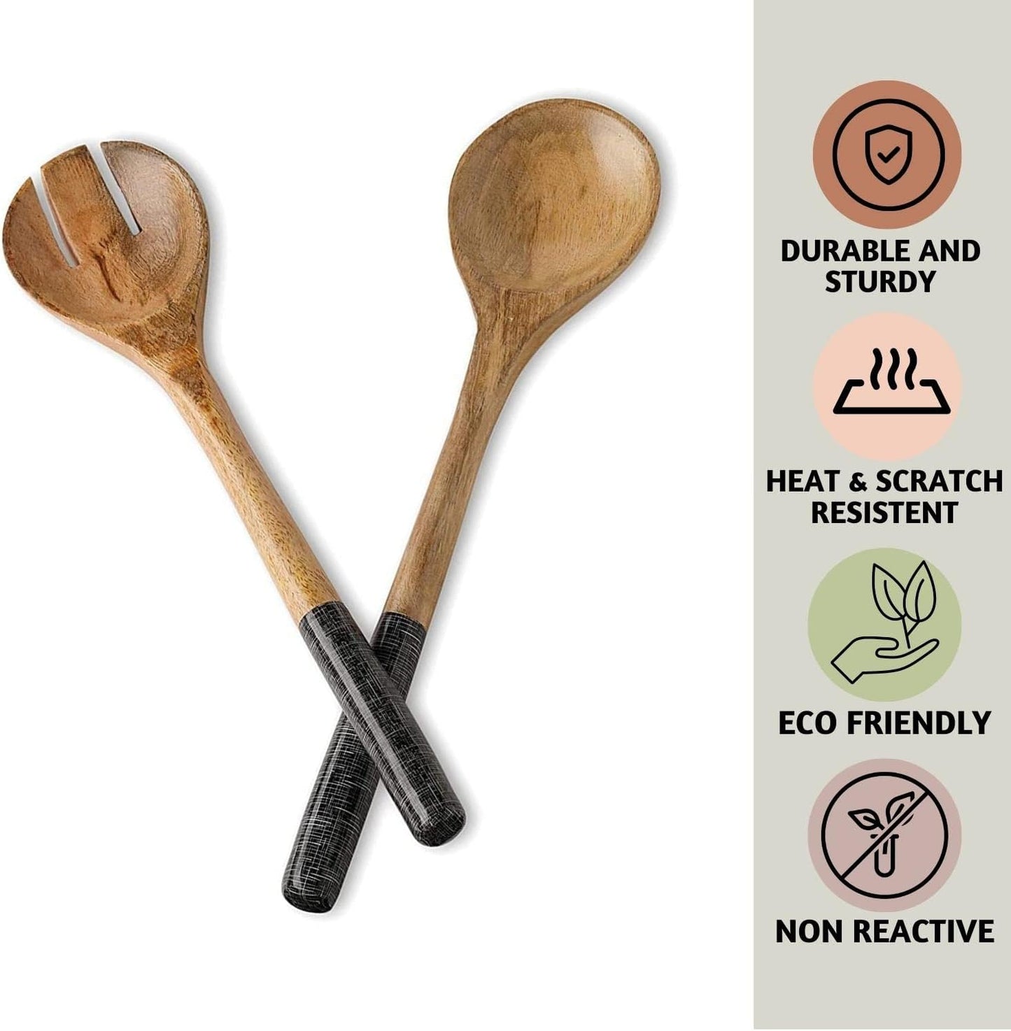 Folkulture Salad Servers or Salad Tongs, Wooden Utensils for Serving Salad, 12-inch Spoon and Fork Set, Mango Wood, Black Servers