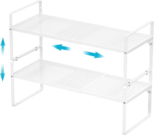 iPEGTOP 2 Pack Large Expandable Cabinet Storage Shelf, Heavy Duty Stackable Steel Metal Spice Rack Adjustable Height Home Office Pantry Garage Shelves for Counter Kitchen Organization, White