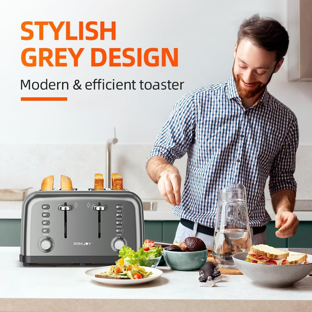 Grey Toaster 4 Slice, Dual Independent Controls, Extra Wide Slot Toasters for Bagel, Bread, Waffles, 7 Shade Settings, 4 Main Functions, Removable Crumb Tray, 1500 Watts, Grey Stainless Steel
