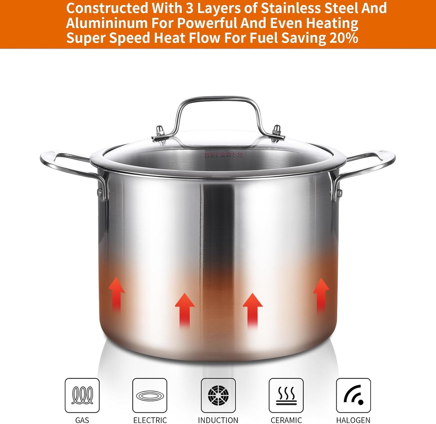 DELARLO Tri-Ply Stainless Steel 8 Quart Stock Pot, All Stove Compatible Up to 600℉ Soup Pot with Lid, 18/10 Induction Big Stockpot with Lids, Large Stainless Steel Induction for Cooking