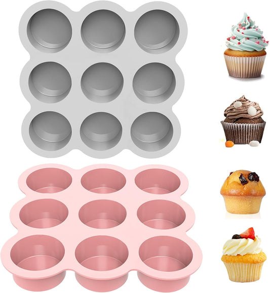 Uudimee Silicone Muffin Pan -9cups Mini Muffin Pan Non-Stick Silicone Mold, 2Pcs Silicone Mini Muffin Pan Is Perfect For Muffins, Cakes, Tarts, Breads, Dishwasher Safe-9Cups (Pink + Gray)