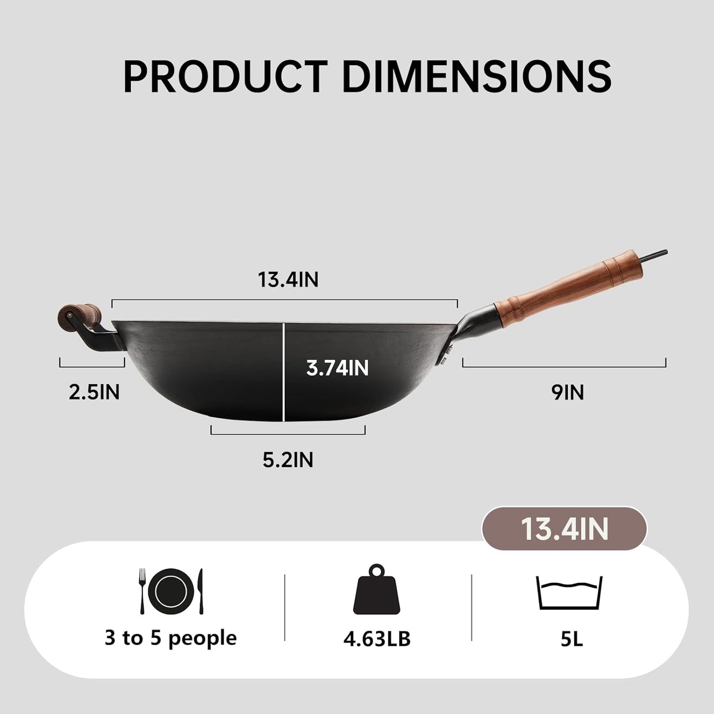 WANGYUANJI Cast Iron Pot,13.4 inch Craft Wok Chinese Wok,Flat Bottom Iron Woks with Lid,Fry Pan Suitable for Induction, Electric, Gas, Halogen All Stoves-Black