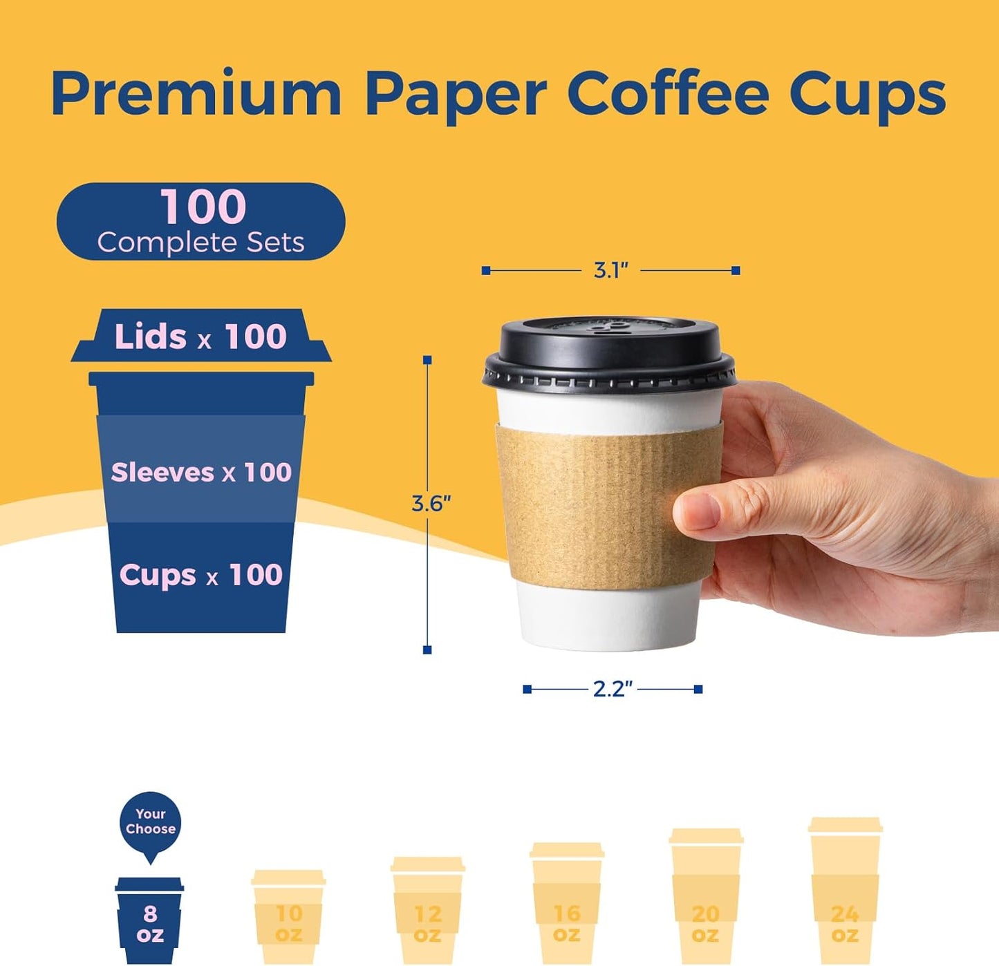 Fit Meal Prep 100 Pack 8 oz Disposable Coffee Cups with Lids, Sleeves, Leak-Proof To Go Coffee Cups with Lids, Durable Paper Cups for Hot Beverage, Home, Office, Party