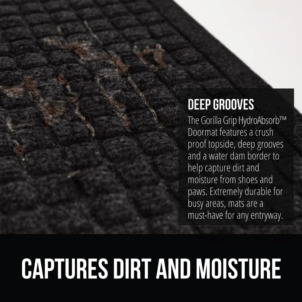 GORILLA GRIP Front Door Mat, 72x24, Indoor Outdoor Ultra Absorbent HydroAbsorb Doormat, Absorbs Up to 2.75 Cups of Water, Stain and Fade Resistant, Rubber Backing Doormats, Captures Dirt, Black