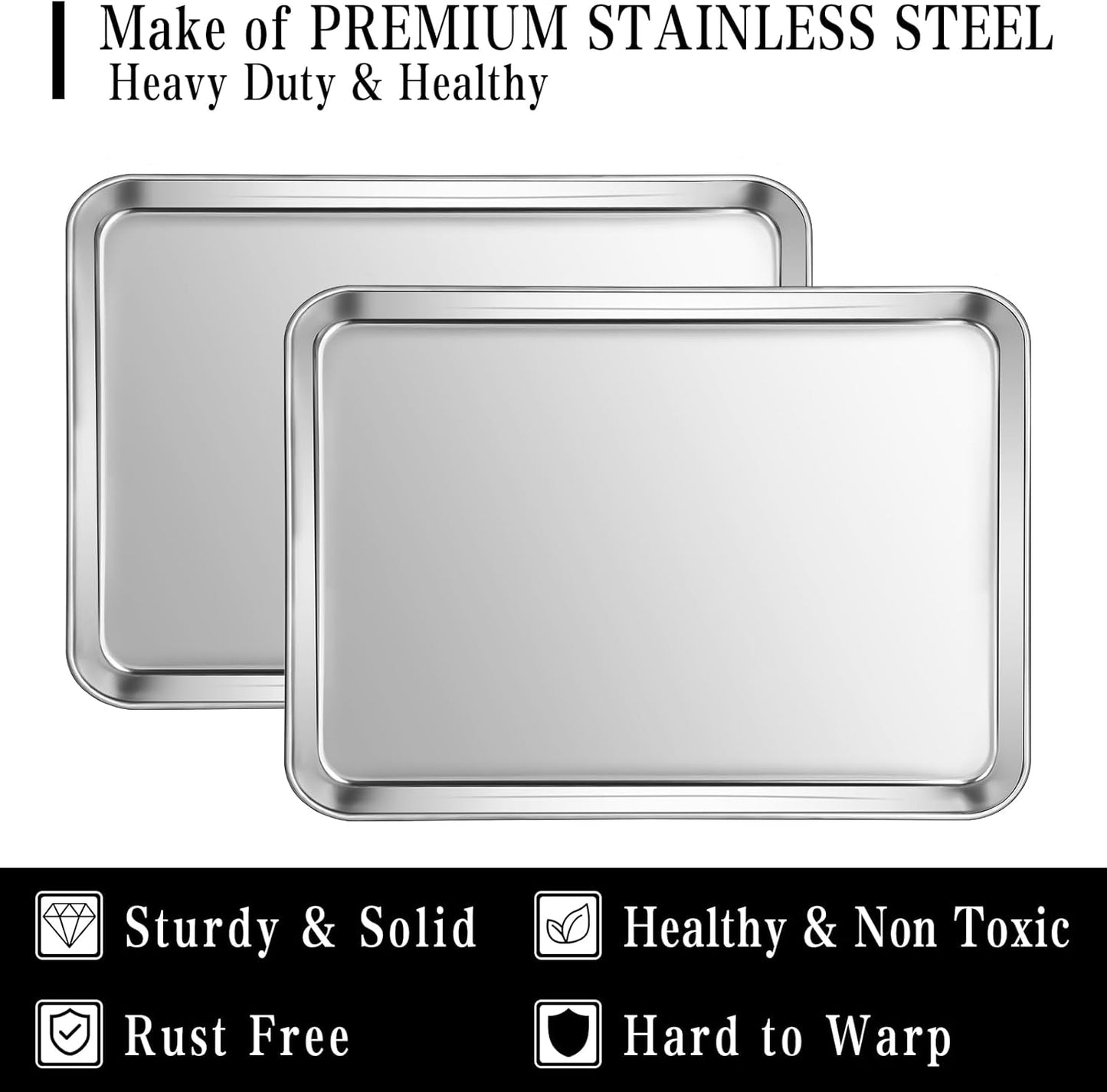 Stainless Steel Baking Sheet Set, 2 Pcs Cookie Sheet Pan Baking Trays for Oven, Non Stick and Heavy Duty and Easy Clean, 9.3 x 6.9 x 1 Inch