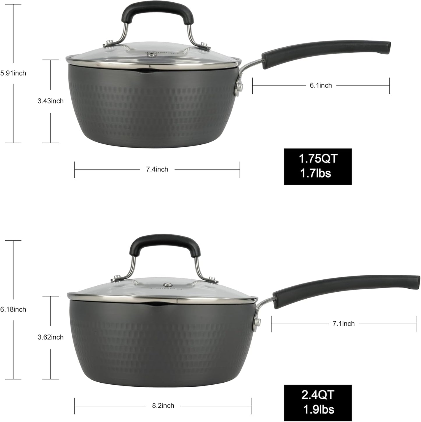 Nonstick Small Sauce Pan with Lid, 1.75 Quart and 2.4 Quart Sauce pan with Pour Spouts, Multipurpose Handy Little Saucepan with Stay Cool Handle, Small Pots for Cooking, Soups, Noodles, Milk