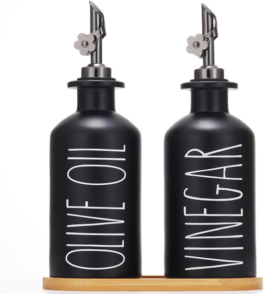 HOMCDALY Premium Olive Oil Dispenser for Kitchen, 11.8oz Glass Oil Bottles with Bamboo Tray, Black Oil&Vinegar Cruet Set, Kitchen Dispenser Bottles with Pourer | Set of 2 (11.8oz –P–Black)