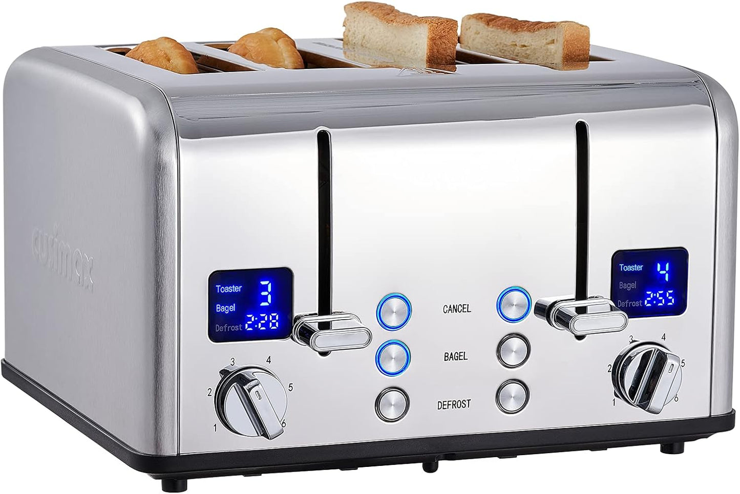 CUSIMAX 4 Slice Toaster, Ultra-Clear LED Display & Extra Wide Slots, Dual Control Panels of 6 Shade Settings, Cancel/Bagel/Defrost Function, Removable Crumb Trays, Stainless Steel Toaster