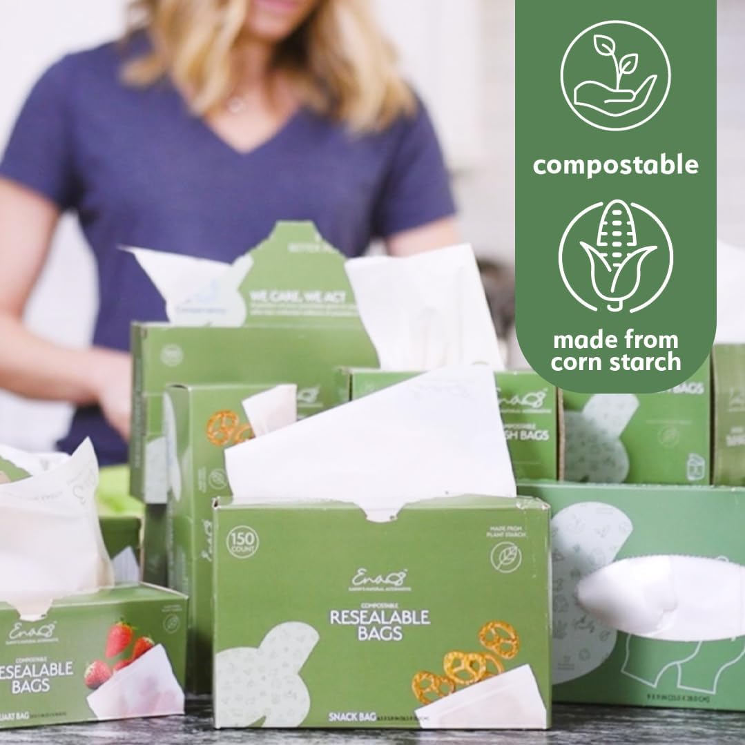 100% Compostable Food Storage Bags [Quart 100 Pack] Eco-Friendly Freezer Bags, Resealable Bags, Heavy-Duty, Reusable, Off-White by Earth's Natural Alternative