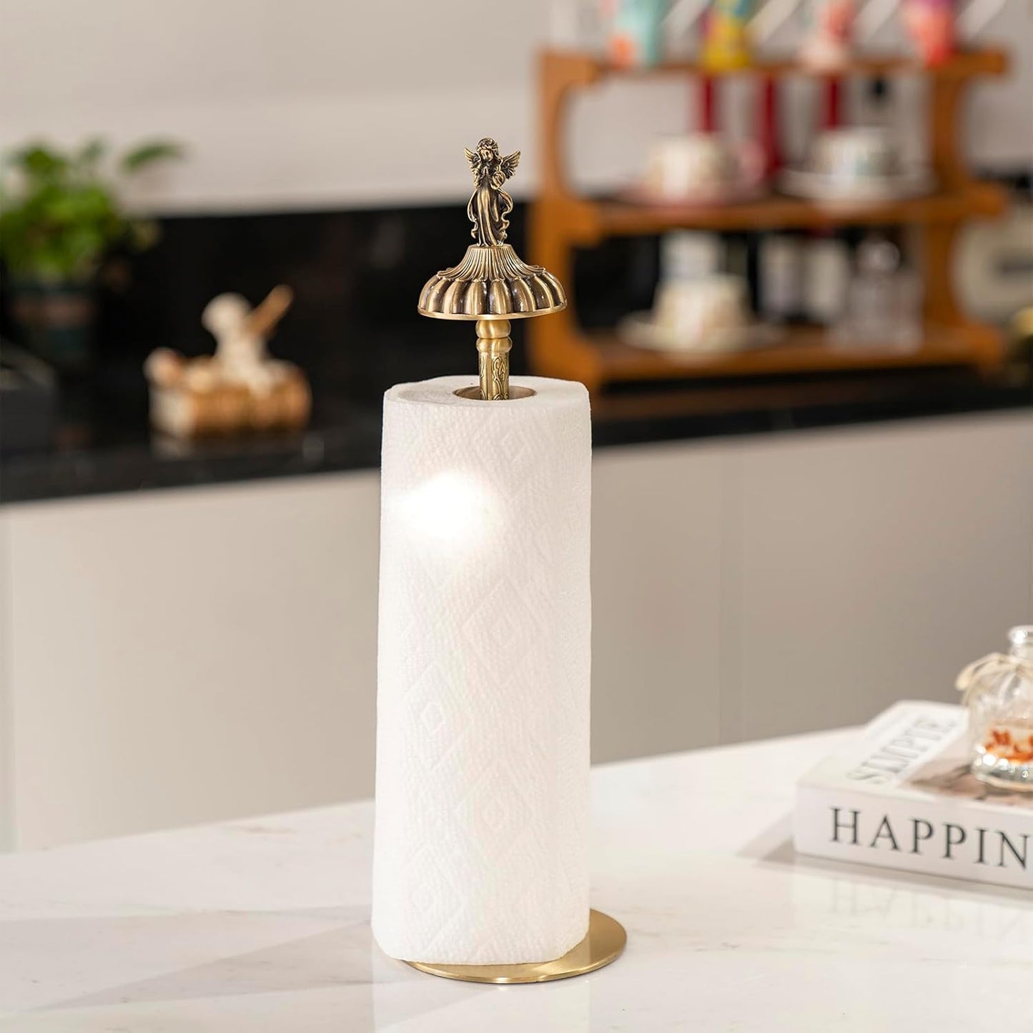 1 Luxurious Brass Angel Paper Towel Holder countertop, Kitchen Bathroom Gold Paper Towel Holder - Sturdy, Durable, Elegant Kitchen and Bathroom Home Decoration