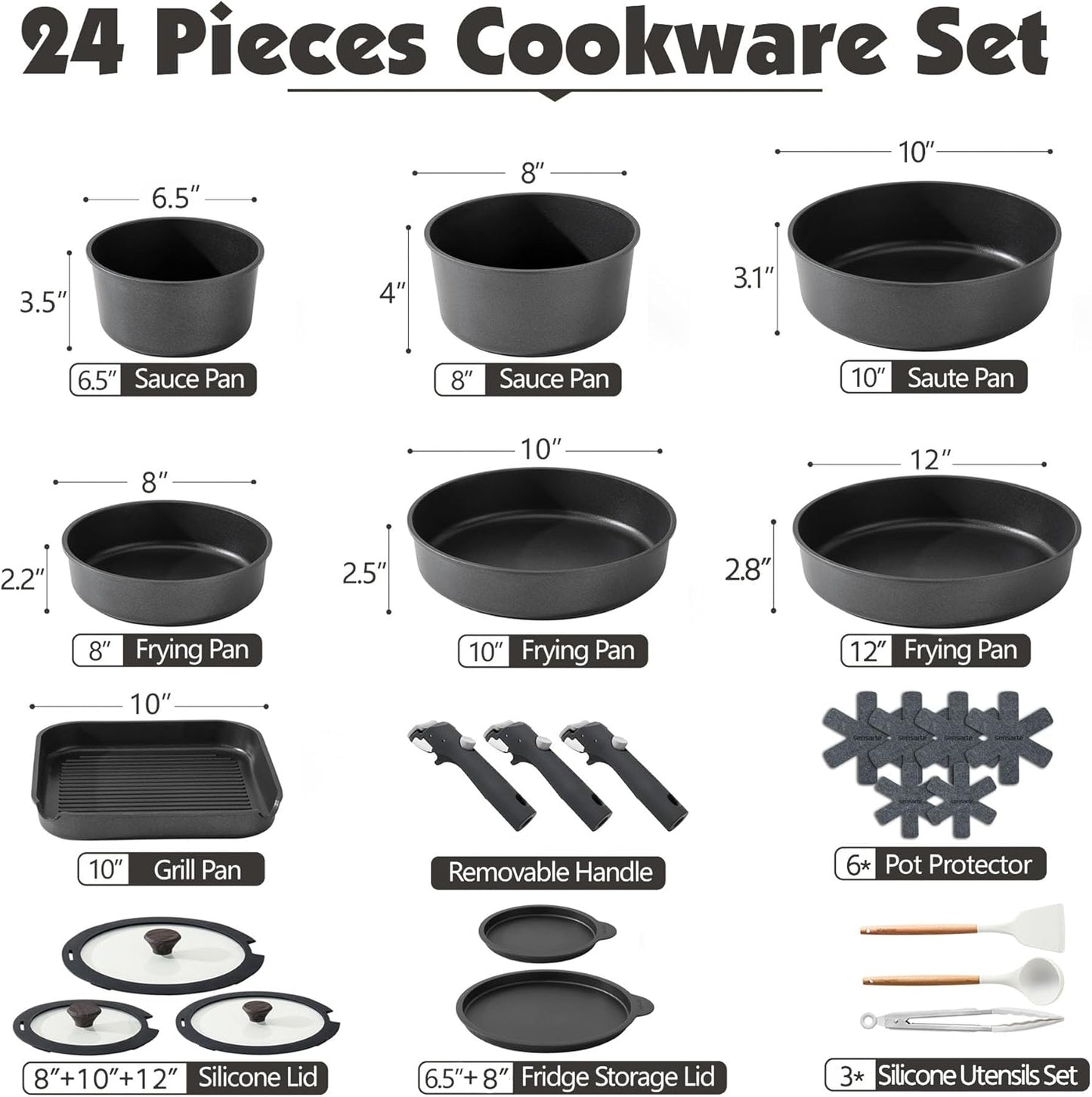 SENSARTE 24 Piece Pots and Pans Set, Nonstick Detachable Handle Cookware, Induction Kitchen Cookware Set with Removable Handle, Healthy Non Stick for RV, Dishwasher＆Oven Safe (Black)