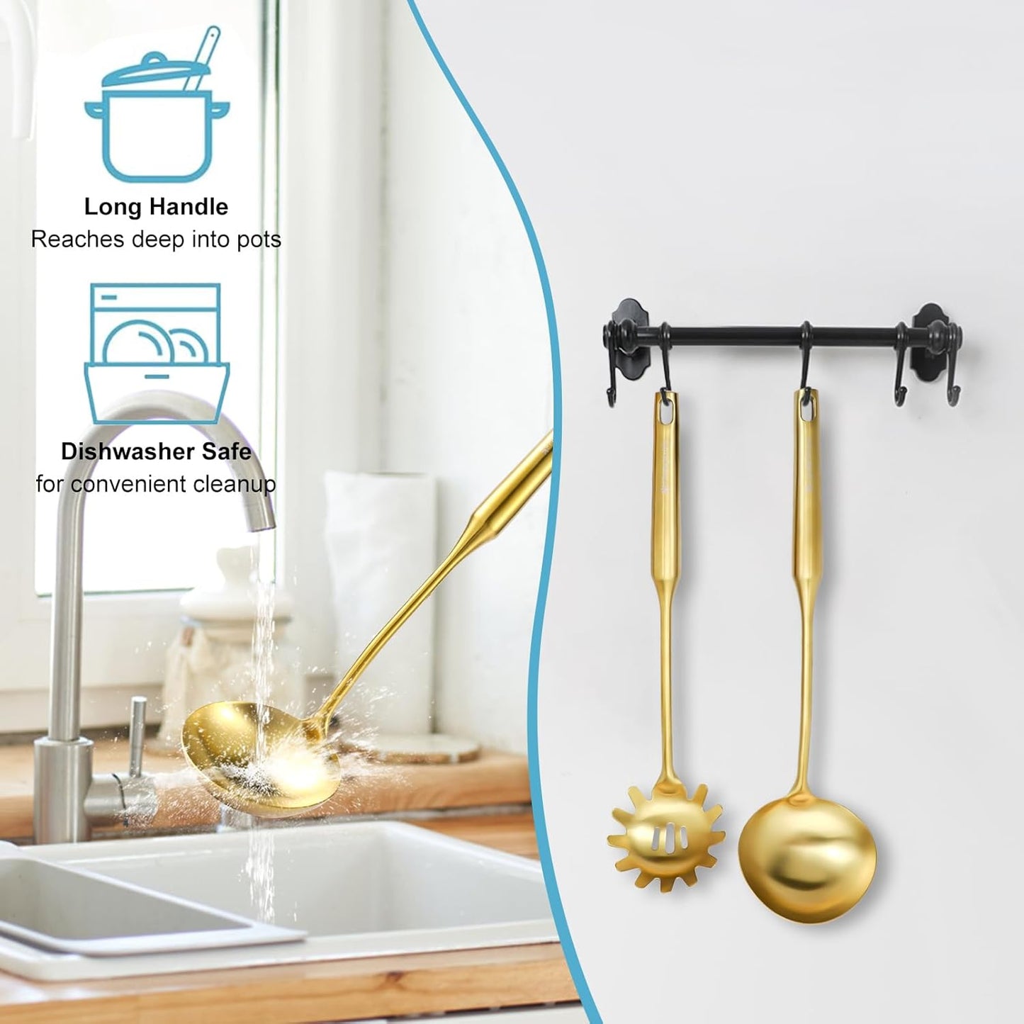 Gold Soup Ladle - 18/10 Stainless Steel Ladle Spoon, 13.8" Soup Spoons [Integral Forming, Heat Resistance，Vacuum Handle] Kitchen Metal Ladel for Cooking, Serving, Stirring, Canning，Sauce, Wok & Soup