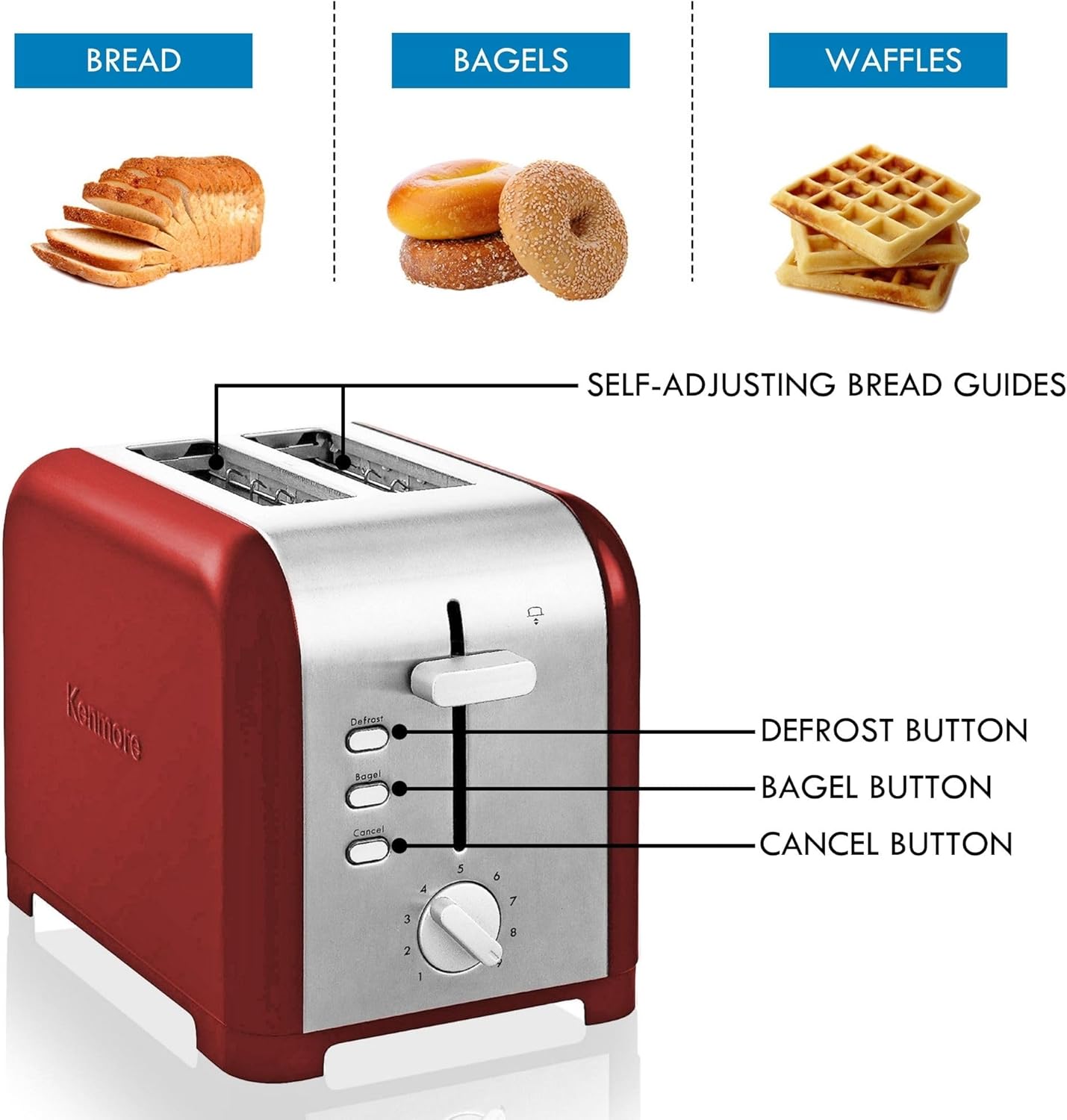 Koolatron Kenmore 2-Slice Toaster, Stainless Steel, Red and Silver, with Extra Wide Slots, Self-Adjusting Bread Guides, Defrost, Bagel and Removable Crumb Tray, Small (KKTS2SR AZ)
