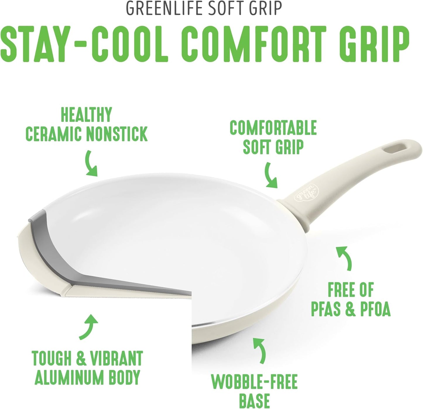 GreenLife Soft Grip 16 Piece Cookware Set, Non-Toxic PFAS-Free Ceramic Nonstick, Frying, Sauce, Saute, Utensils, Glass Lids, Stay-Cool Handles, Wobble Free, Dishwasher & Oven Safe, Cream