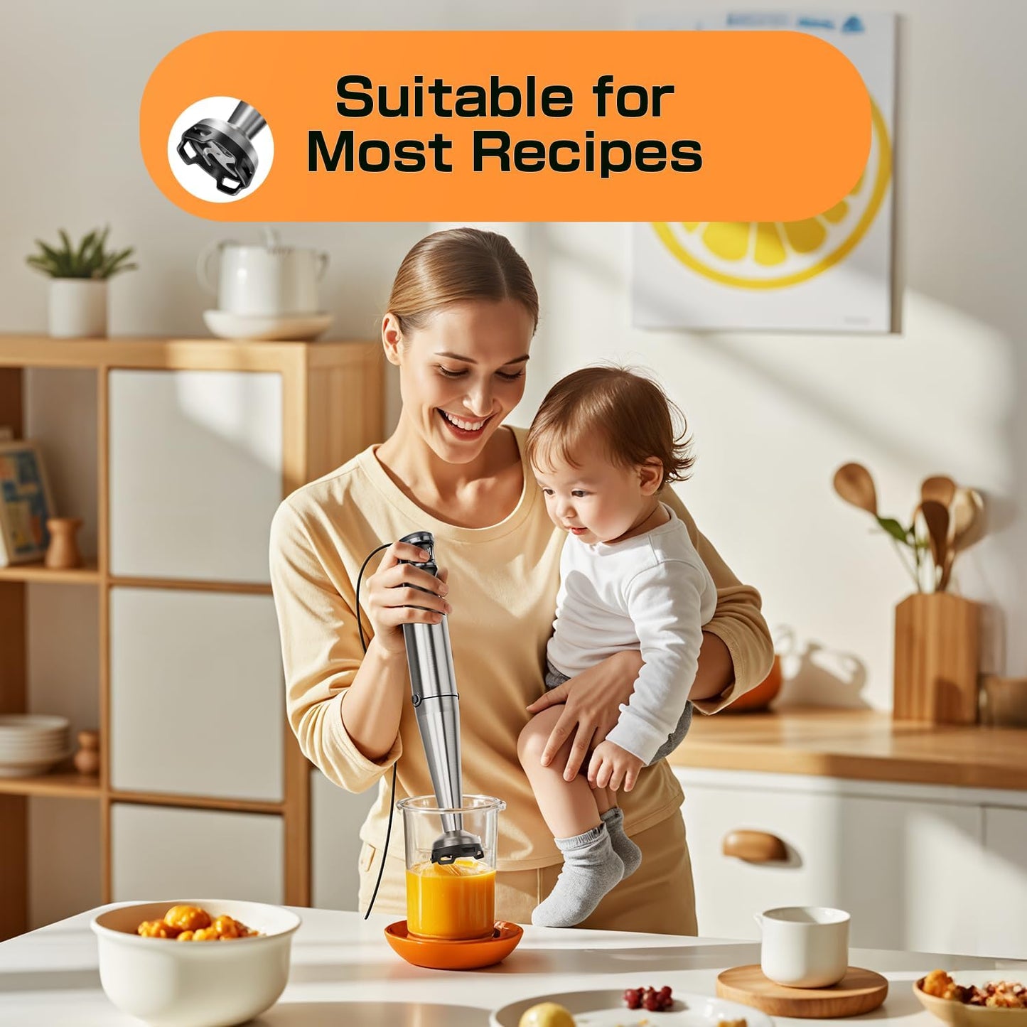 Immersion Blender Handheld 1100W - 3 in 1 Hand Blenders Set with Trigger Speed Control Stainless Steel Emulsion Stick with Whisk and Milk Frother, Emulsifier for Kitchen for Soup, Smoothie, Puree